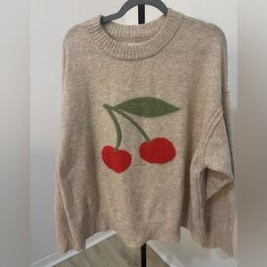 American Eagle Outfitters Beige Sweater with Cherry Design